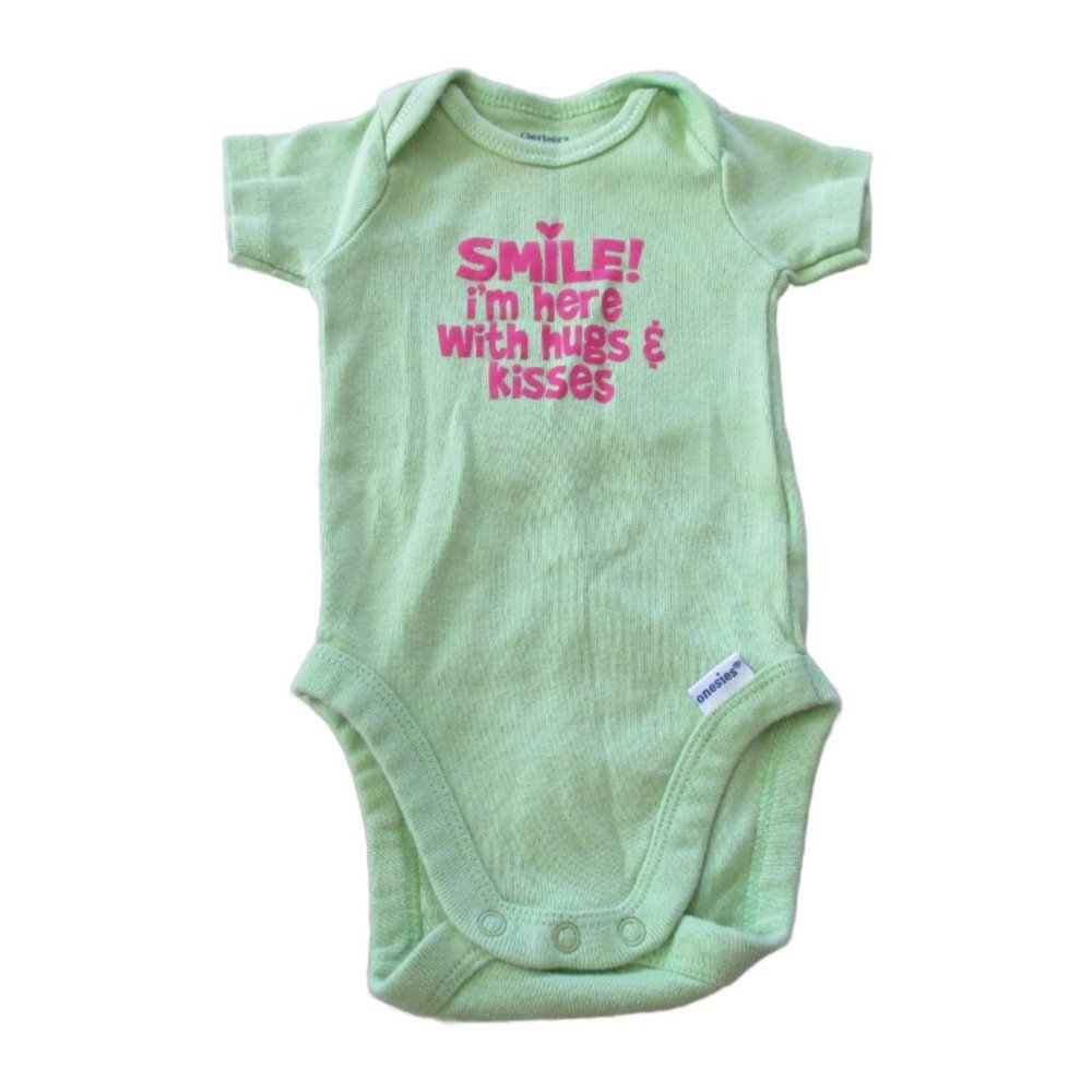 Gerber 1 Pc Bodysuit Infant Girls Size 0-3M Green Short Sleeve Smile Hugs Kisses